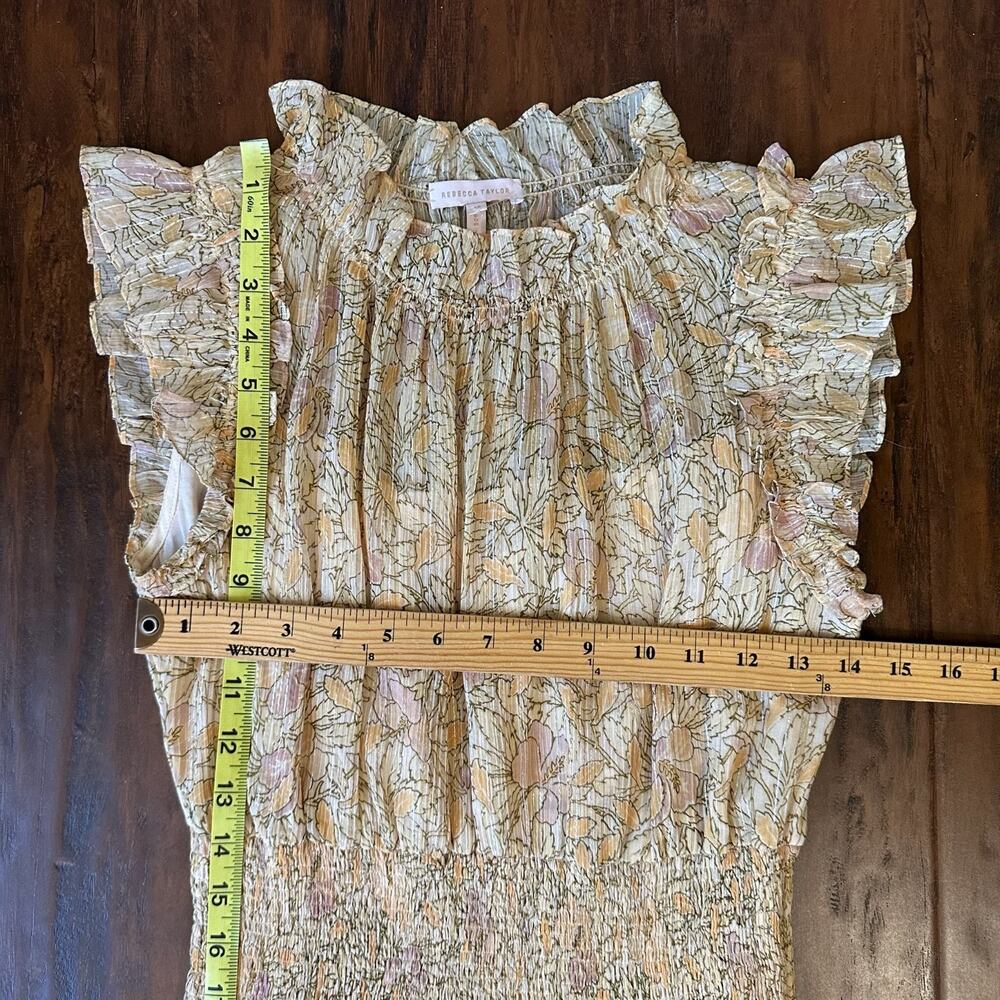 REBECCA TAYLOR Dress Cream Floral Silk Ruffled Smocked Metallic Party - Picture 11 of 12